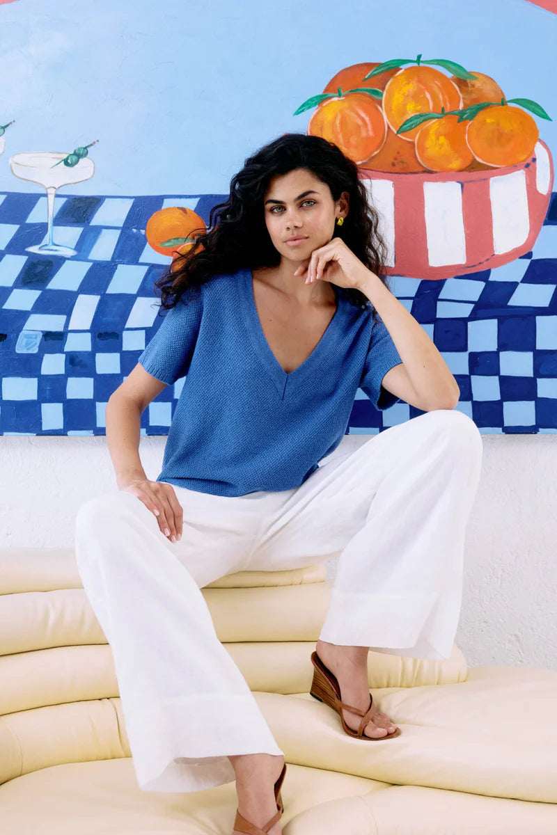 Eb & Ive Artemis Aegean Blue V Knit Top