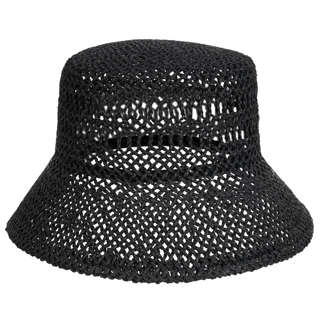 Black woven bucket hat on a white background