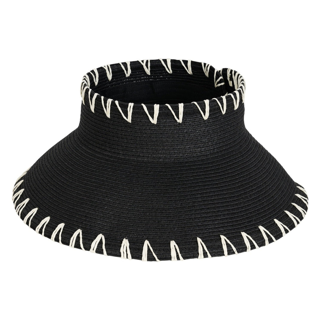 Black sun visor with white trim on a white background