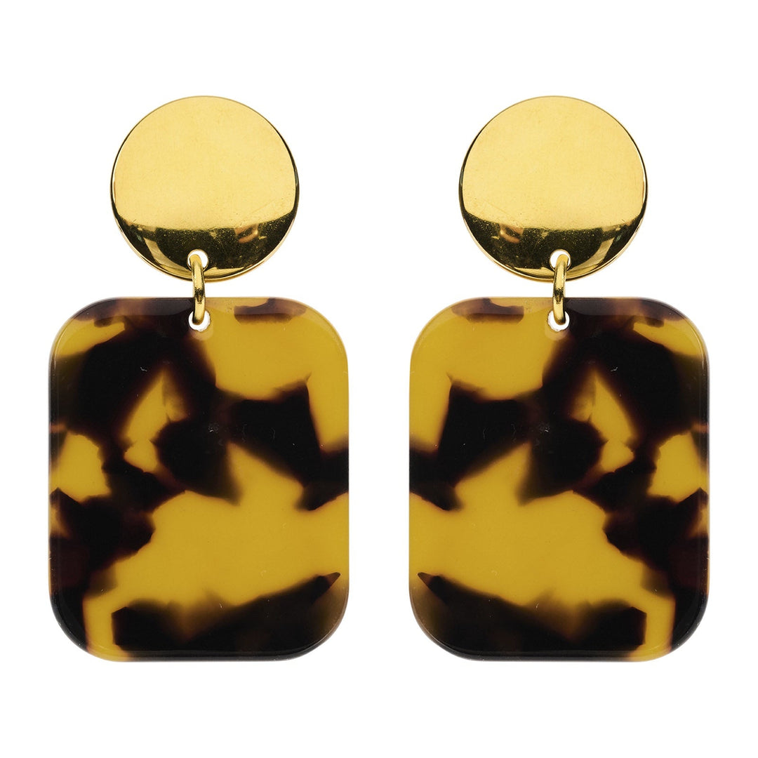 Tortoiseshell square earrings with gold posts on a white background