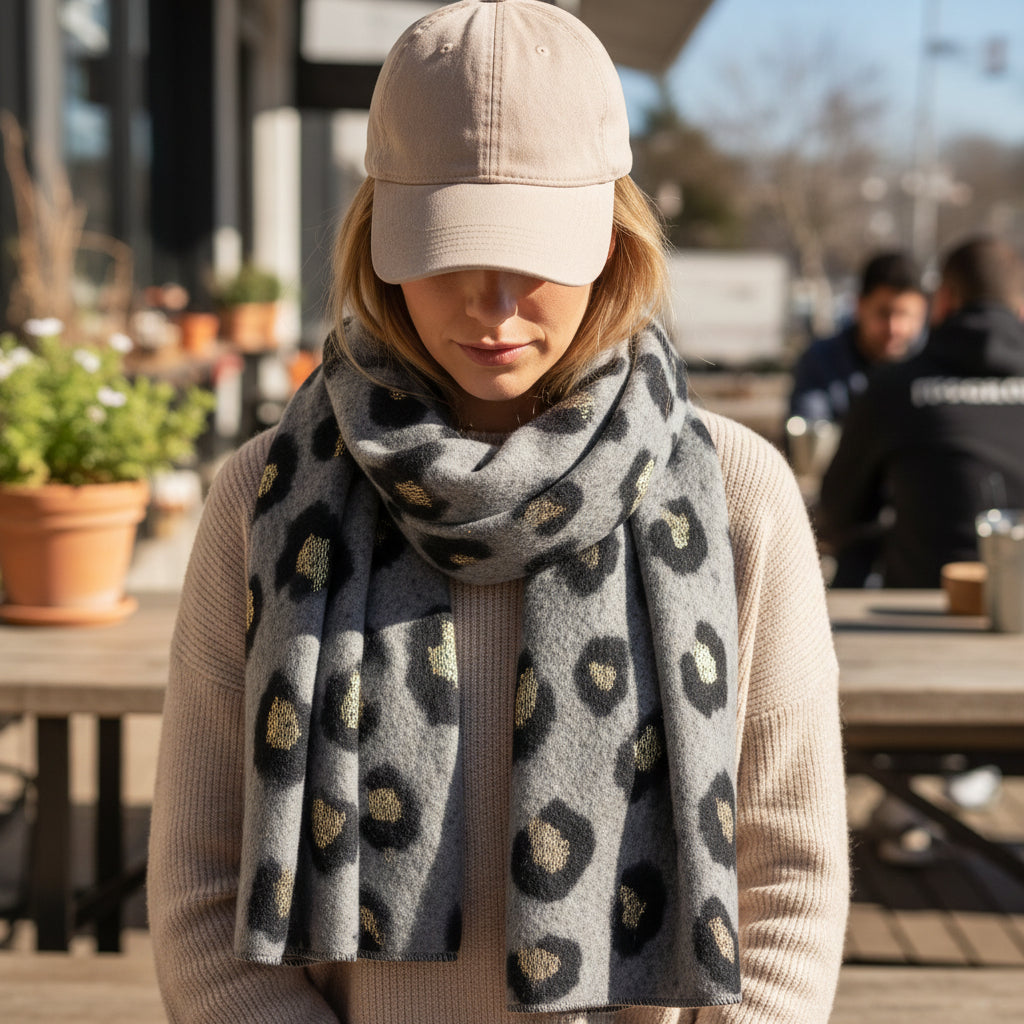 Gray scarf with black and gold leopard print pattern on a white background