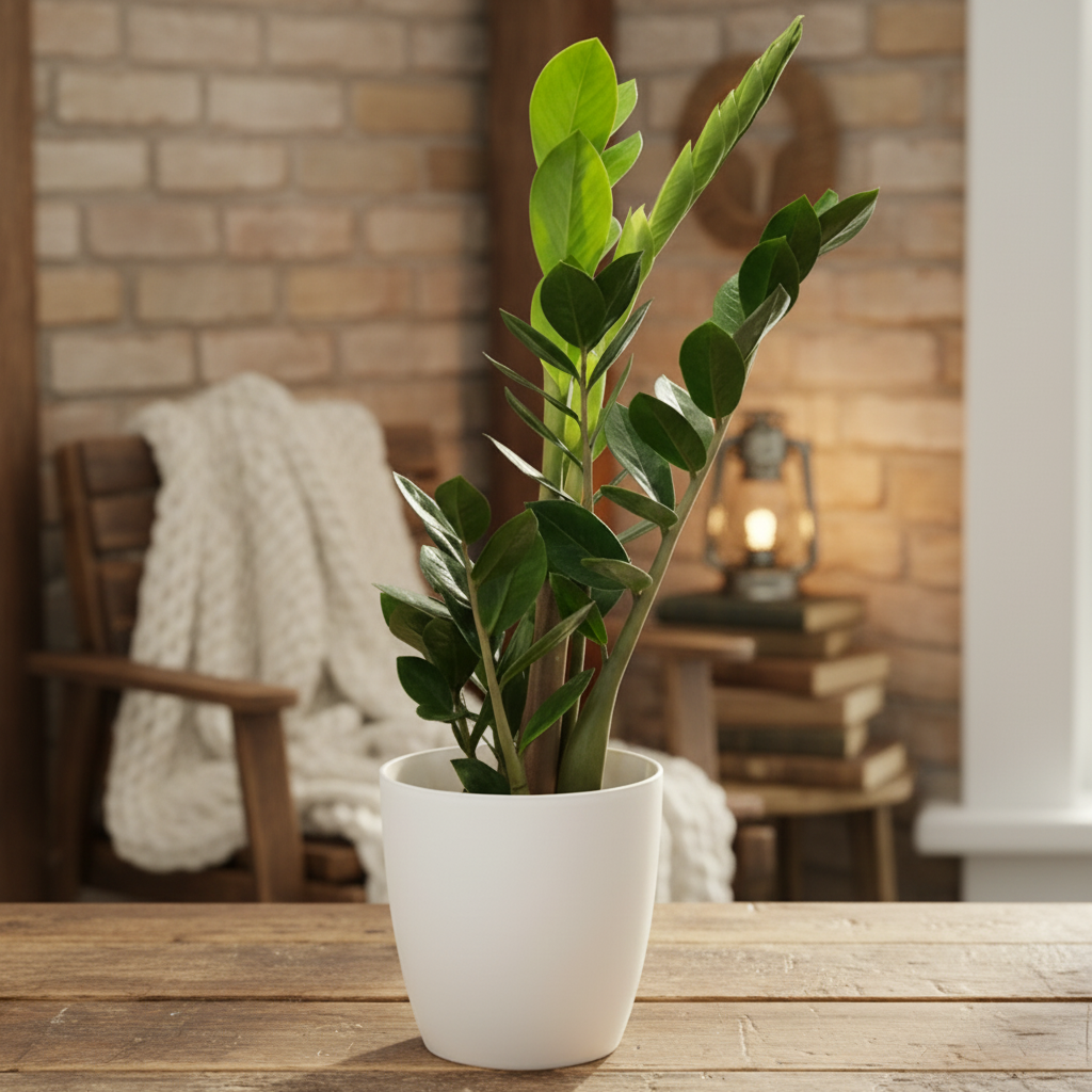 Potted plant on a wooden table with a neutral background