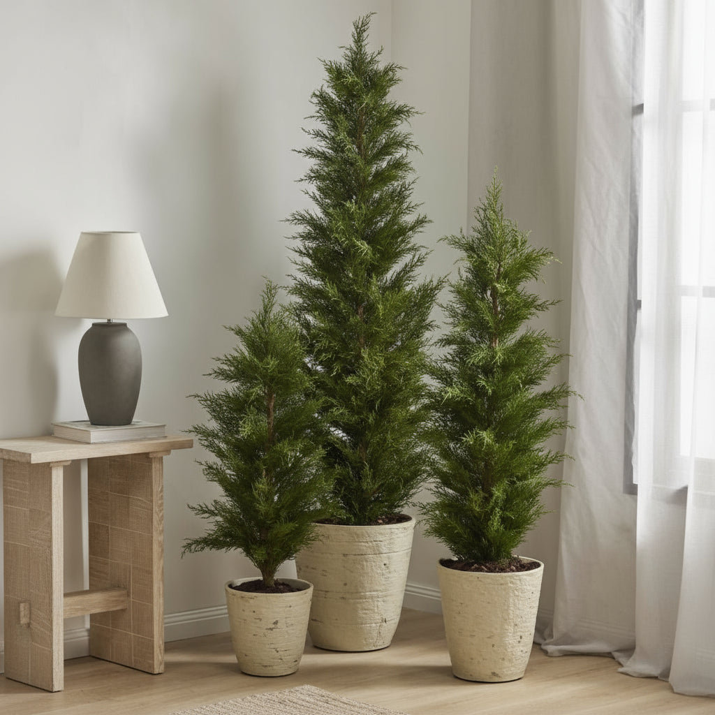 Three potted plants in a room with a lamp and wooden table.