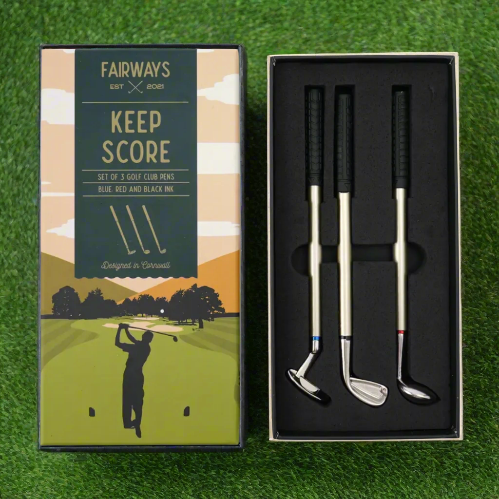 Set of golf club-shaped pens with packaging featuring a golf course design.