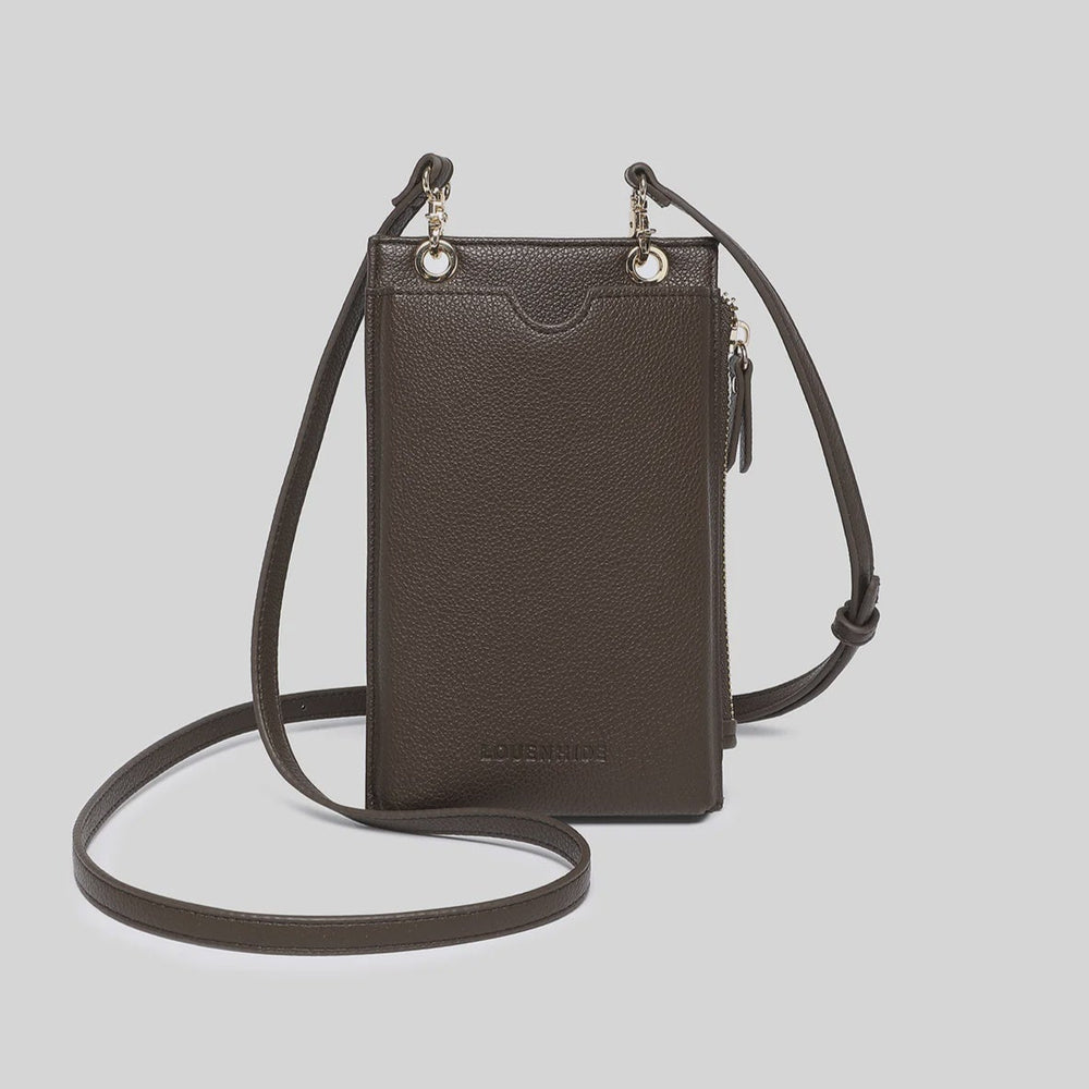 Black leather crossbody bag on a light gray background