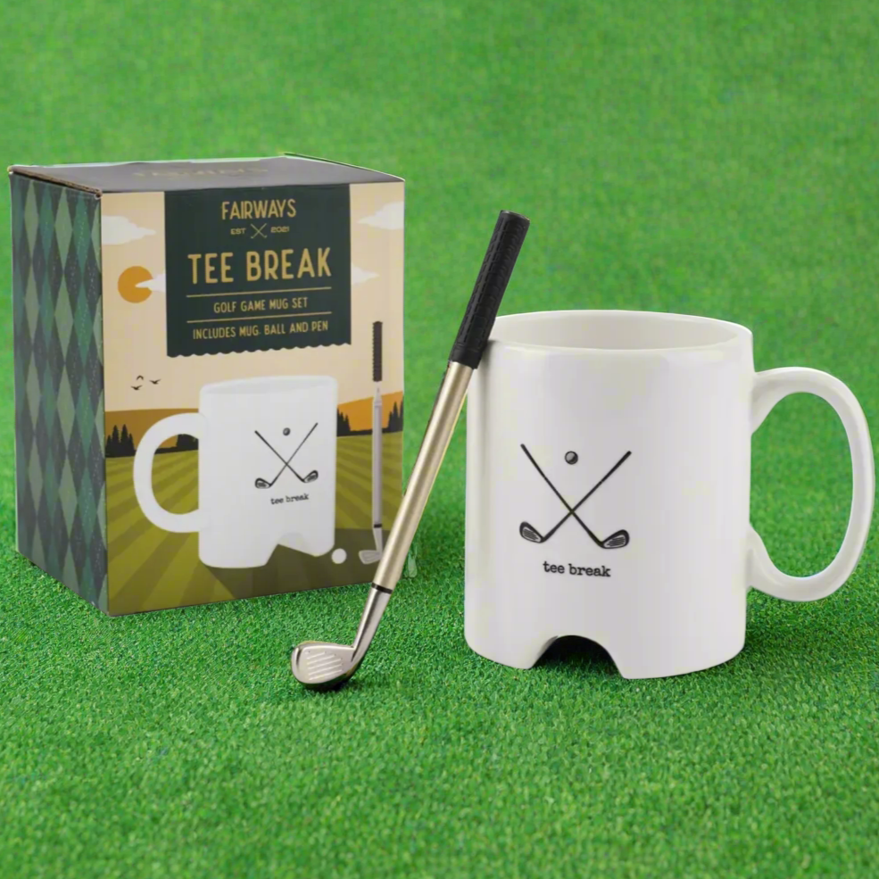 Golf-themed mug set with packaging, including a mug, golf ball, and pen.