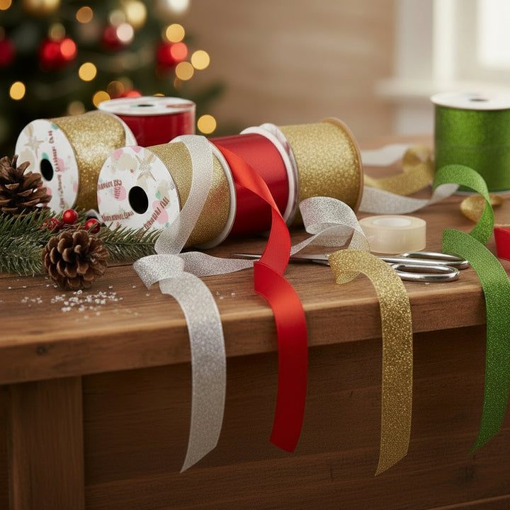 Four spools of glitter Christmas ribbon arranged in a 2x2 grid on a white background. The top-left spool is gold, the top-right is red, the bottom-left is silver, and the bottom-right is green.