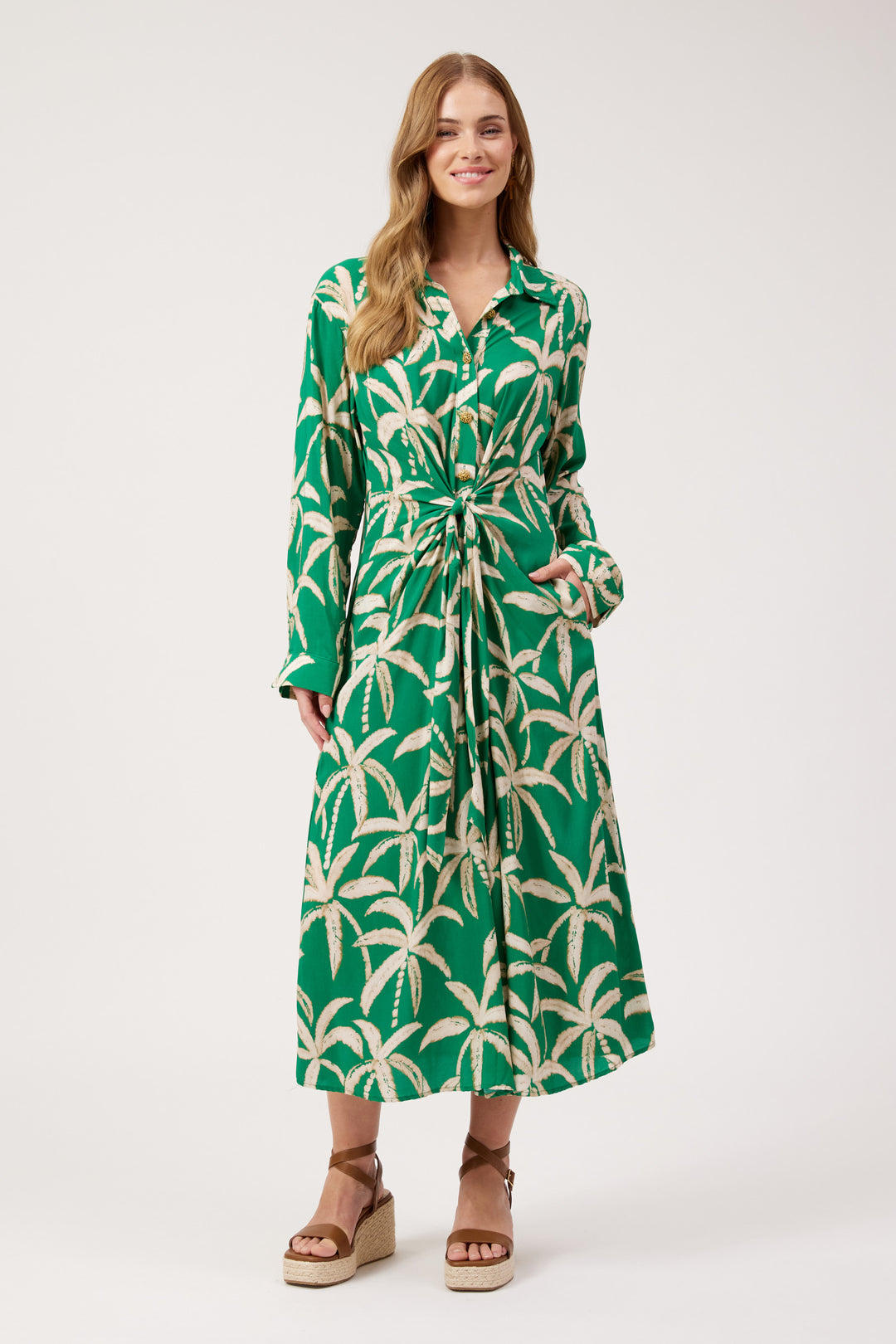 Haven Palm Green Congo Midi Shirt Dress