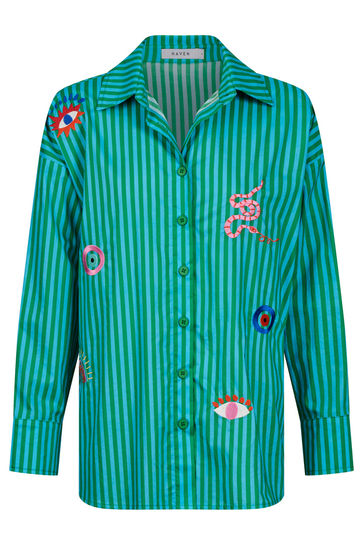 Haven Green Stripe Mykonos Embroidered Shirt