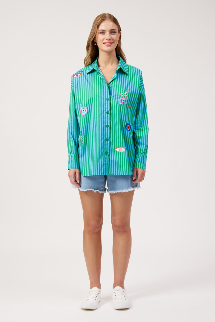 Haven Green Stripe Mykonos Embroidered Shirt