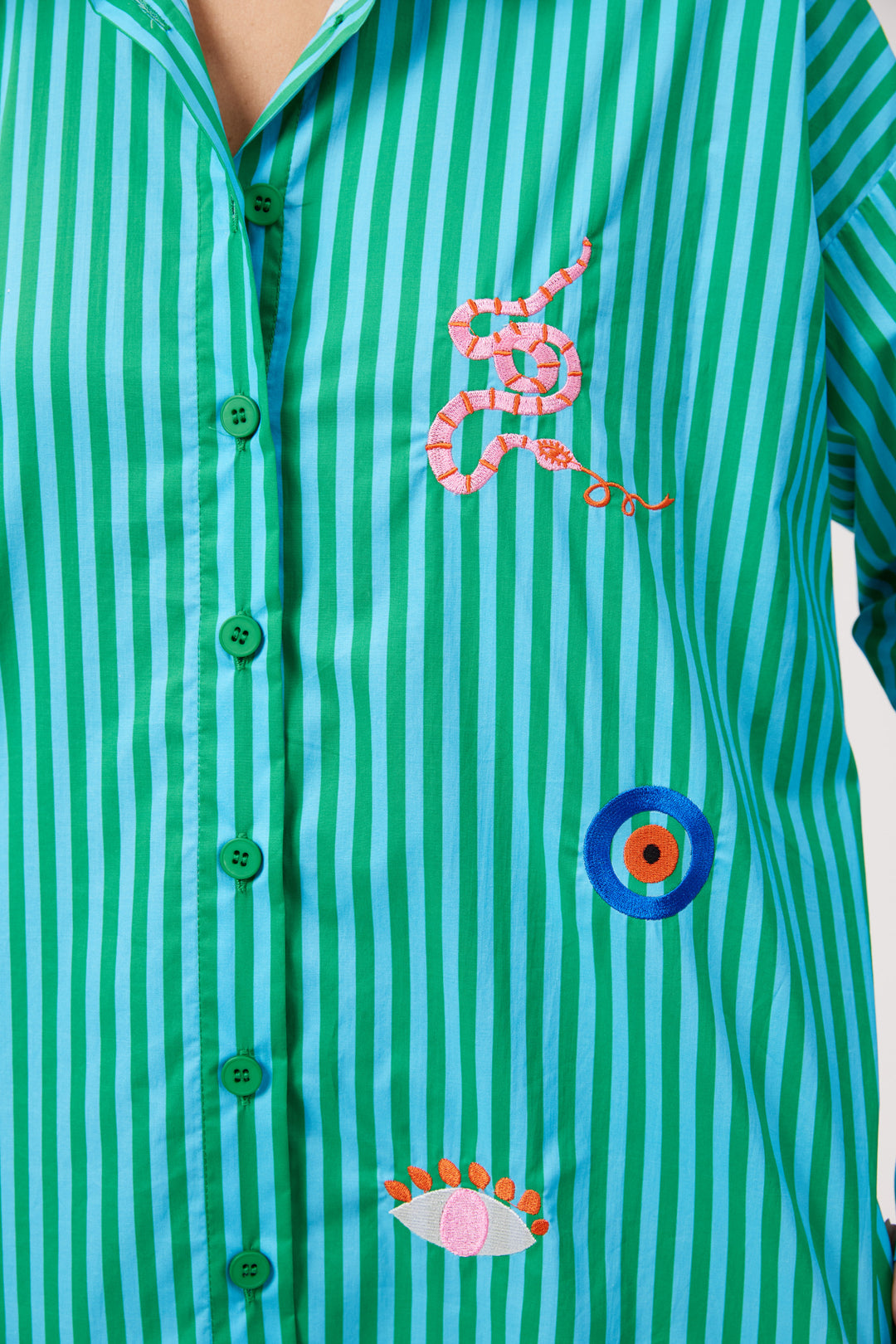 Haven Green Stripe Mykonos Embroidered Shirt