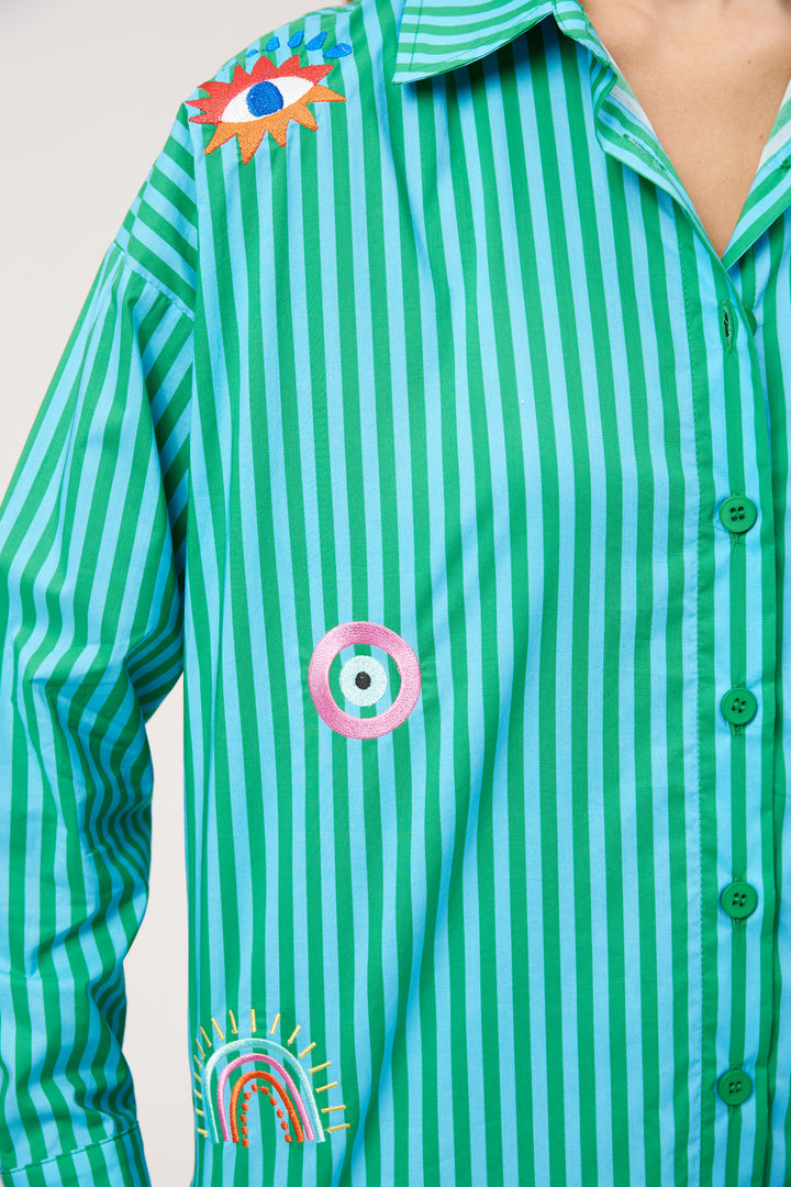 Haven Green Stripe Mykonos Embroidered Shirt