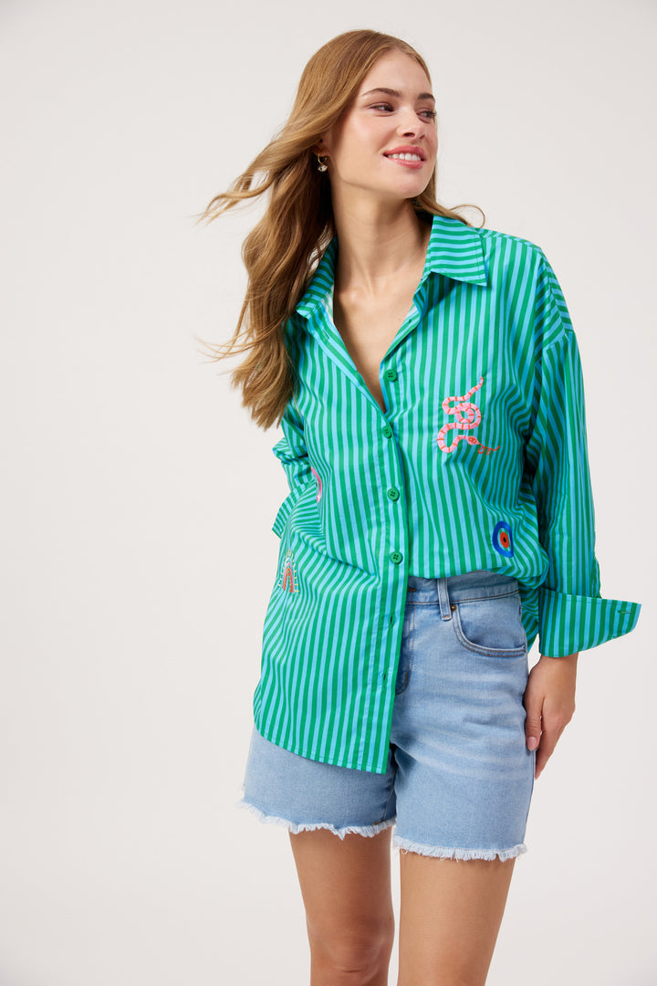 Haven Green Stripe Mykonos Embroidered Shirt