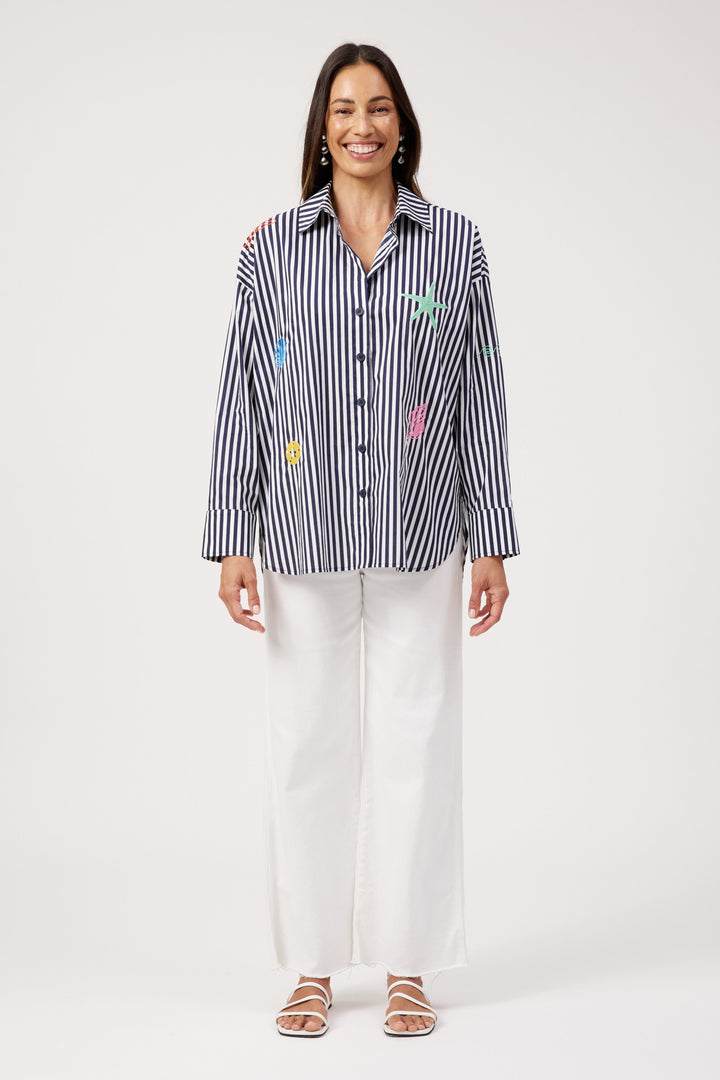Haven Navy & White Stripe Mykonos Embroidered Shirt
