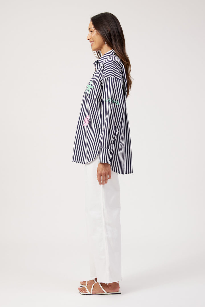 Haven Navy & White Stripe Mykonos Embroidered Shirt