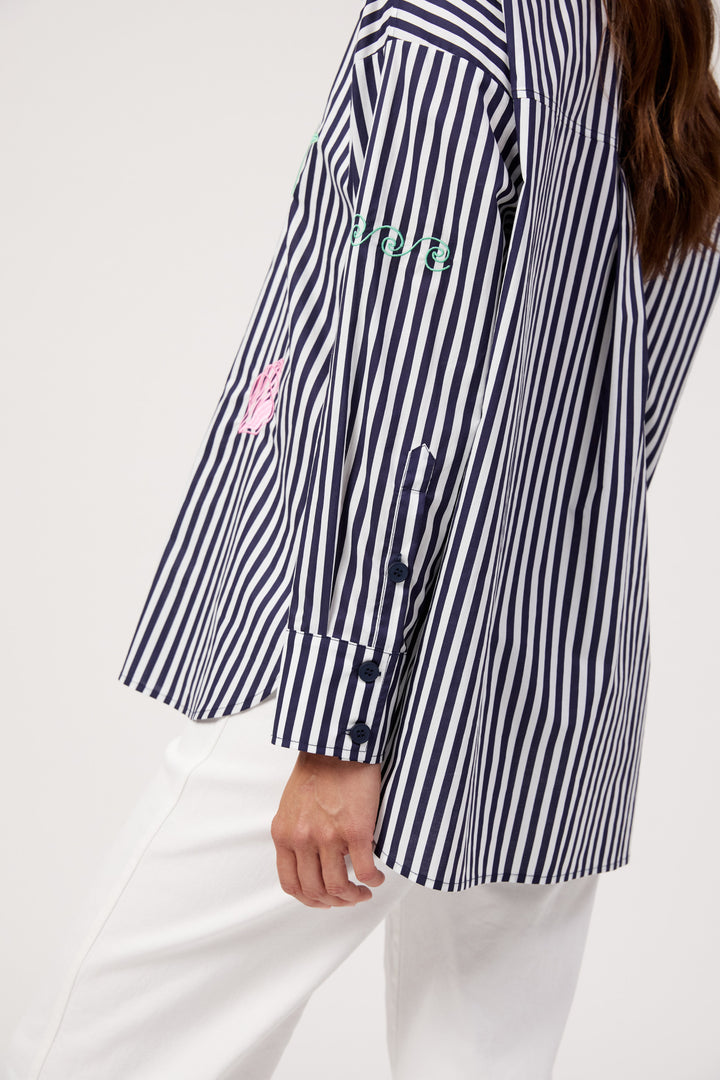 Haven Navy & White Stripe Mykonos Embroidered Shirt