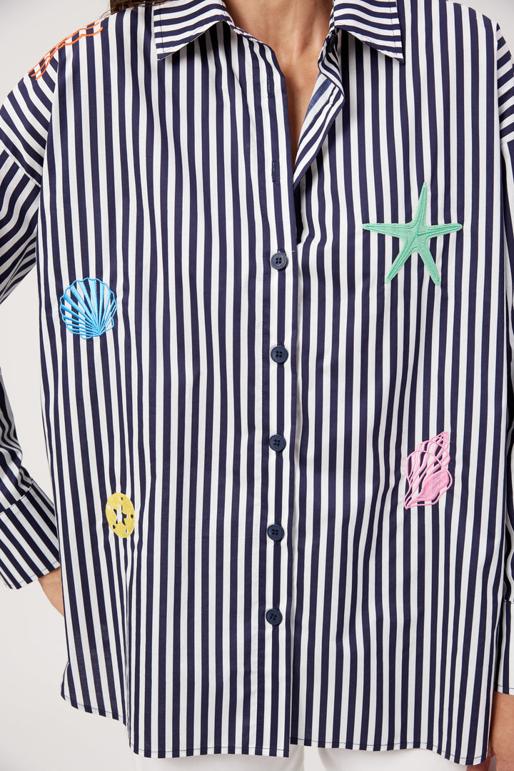 Haven Navy & White Stripe Mykonos Embroidered Shirt