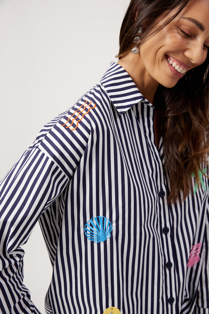 Haven Navy & White Stripe Mykonos Embroidered Shirt