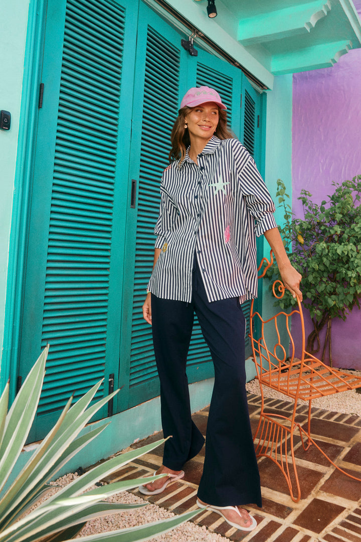 Haven Navy & White Stripe Mykonos Embroidered Shirt