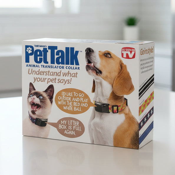 Box of PetTalk animal translator collar with a dog and cat on the packaging.