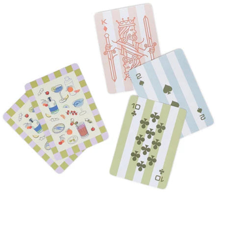 Set of playing cards with colorful designs on a white background