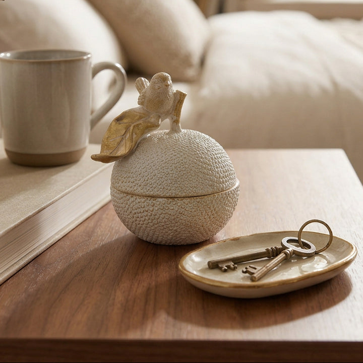 Apple Bird Trinket Box, white and gold resin - RAPT ONLINE