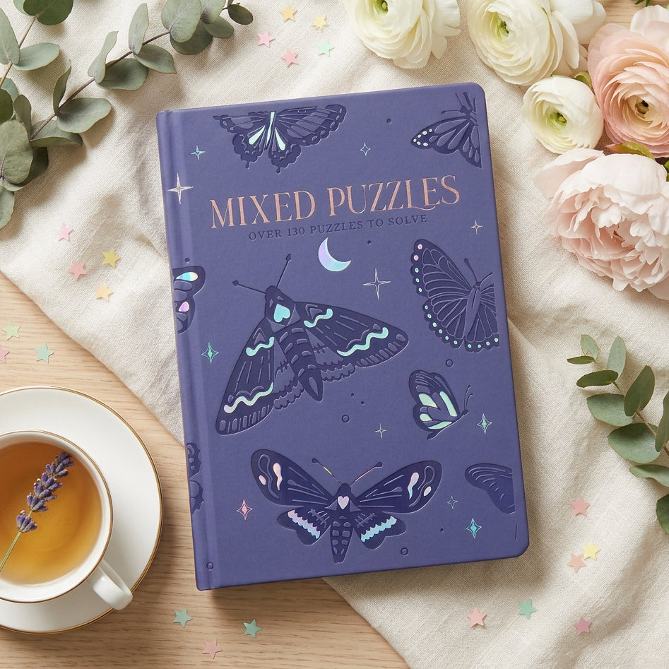 Hinkler Faux Leather Mixed Puzzles Book with purple faux leather cover