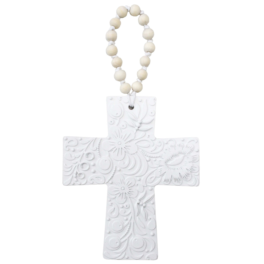 Small White Embossed Cross with Beaded Handle