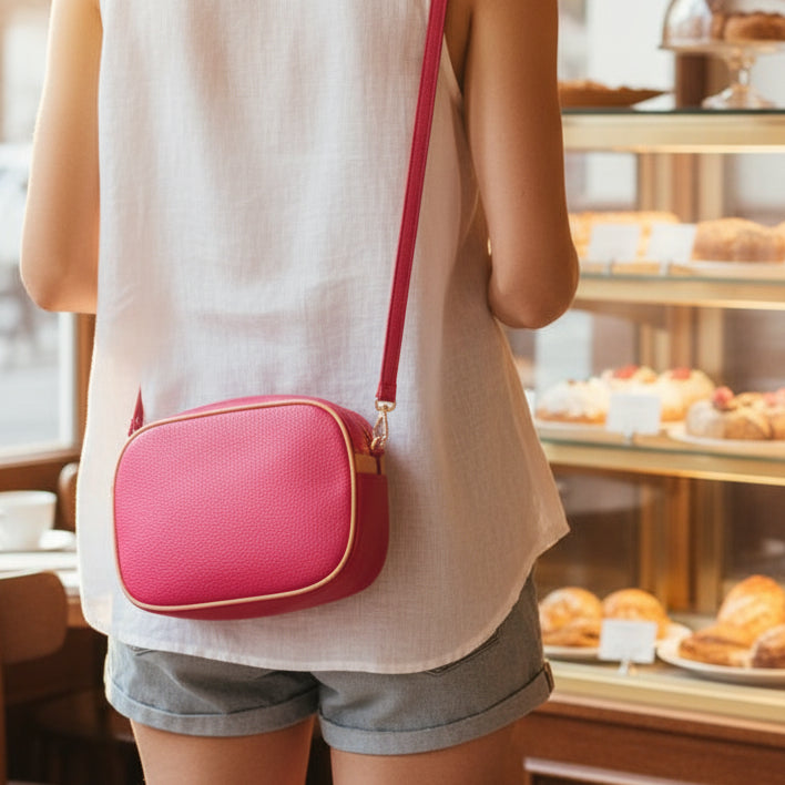 Pink crossbody bag on a light gray background