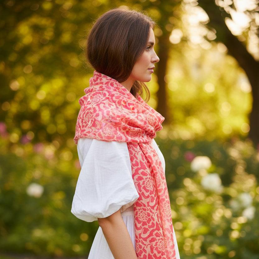 Red floral patterned scarf on a white background