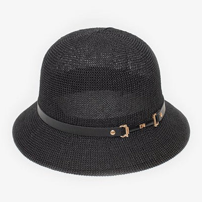 Black woven hat with a belt on a white background
