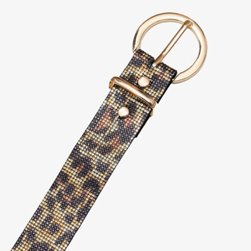 Leopard print belt with a gold buckle on a white background