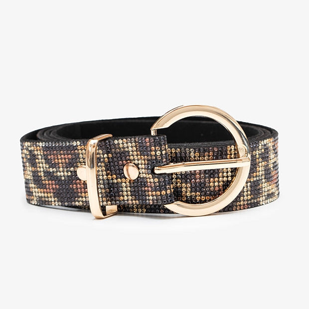 Patterned belt with a gold buckle on a white background