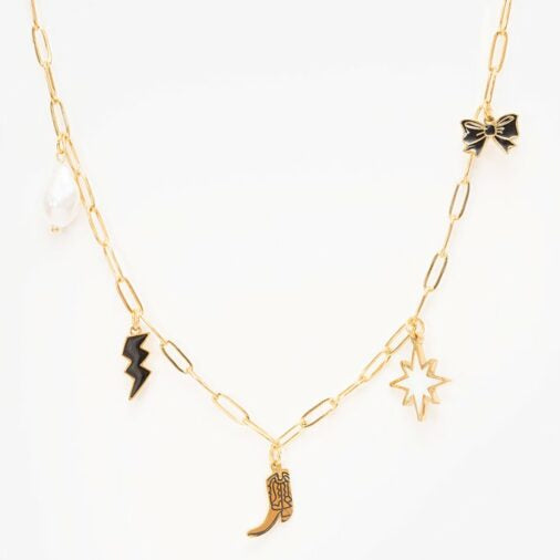Necklace with various charms including a boot, star, and lightning bolt on a white background