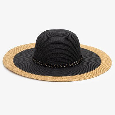 Black straw hat with a wide beige brim on a white background