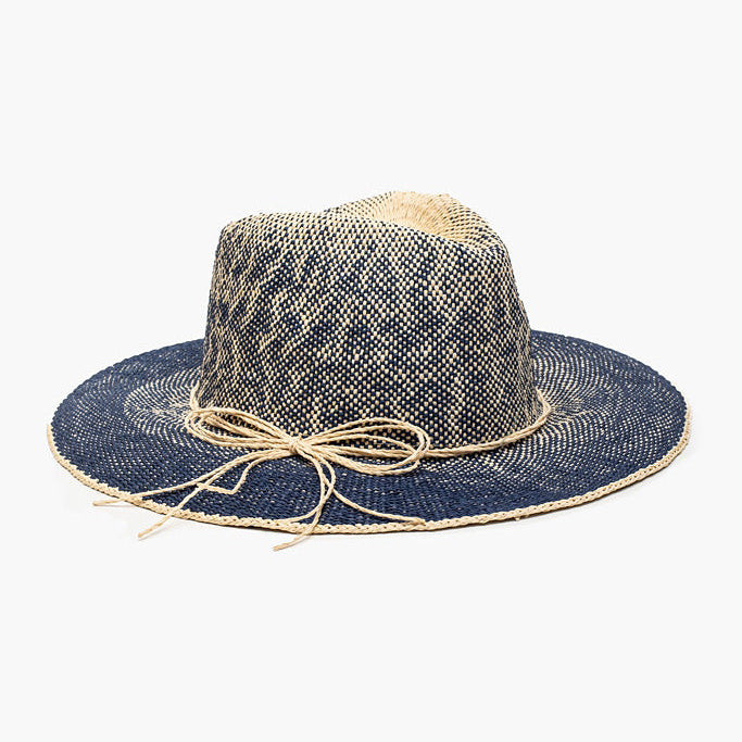 Woven hat with denim brim on a white background