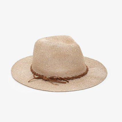 Beige straw hat with a brown band on a white background