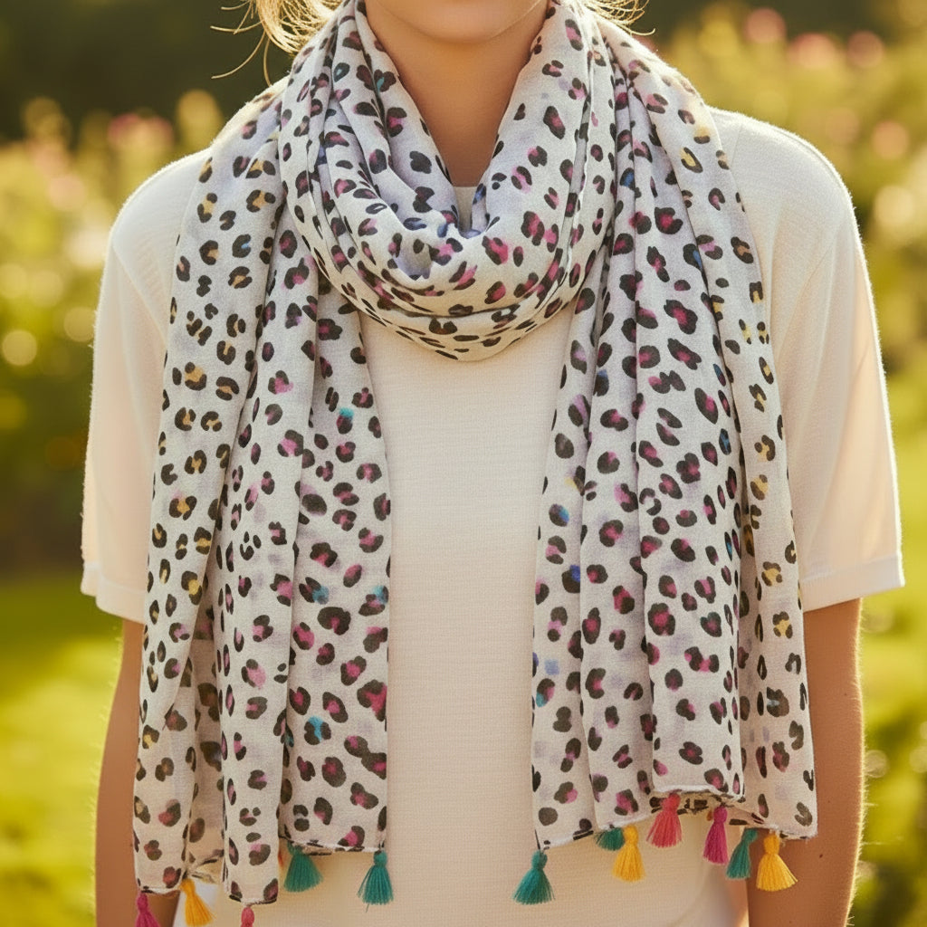 Scarf with colorful leopard print and pom-pom details on a white background