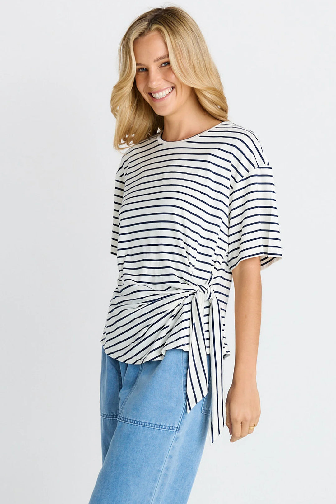 Betty Basics Black & White Striped Knot Tee