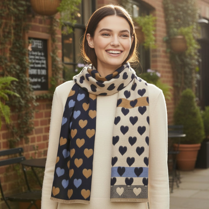 Scarf with heart pattern in blue, gold, and beige on a white background