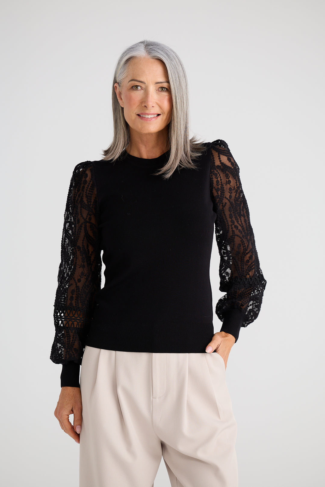 Brave & True Black Janelle Knit & Lace Top