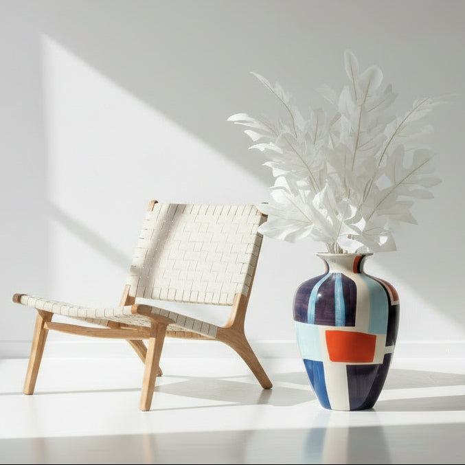 A large ceramic Broste vase with a geometric pattern in multiple colors including blue, orange, and purple.