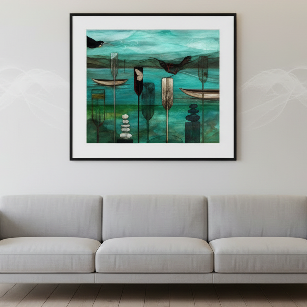 Abstract artwork with boats, oars, and birds on a teal background