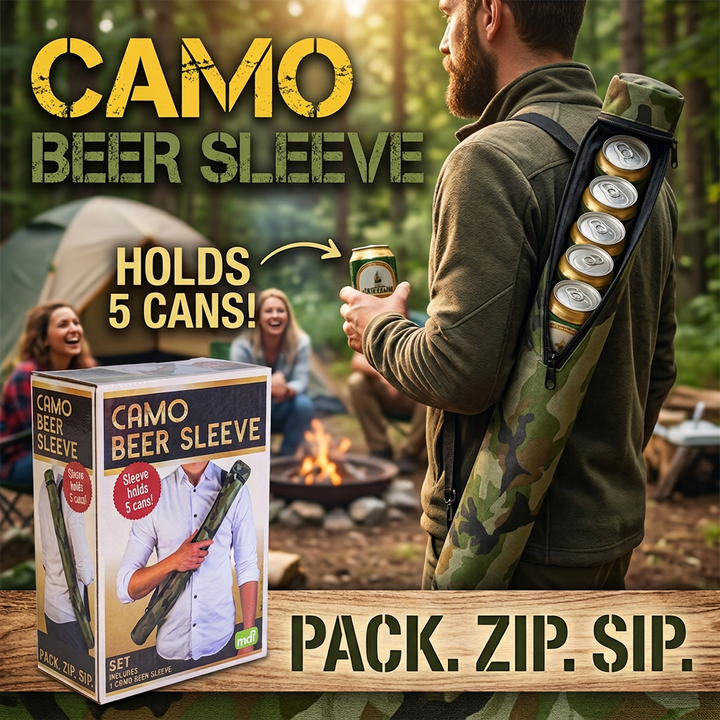 Camo Beer Sleeve worn over the shoulder holding 5 cans - RAPT ONLINE