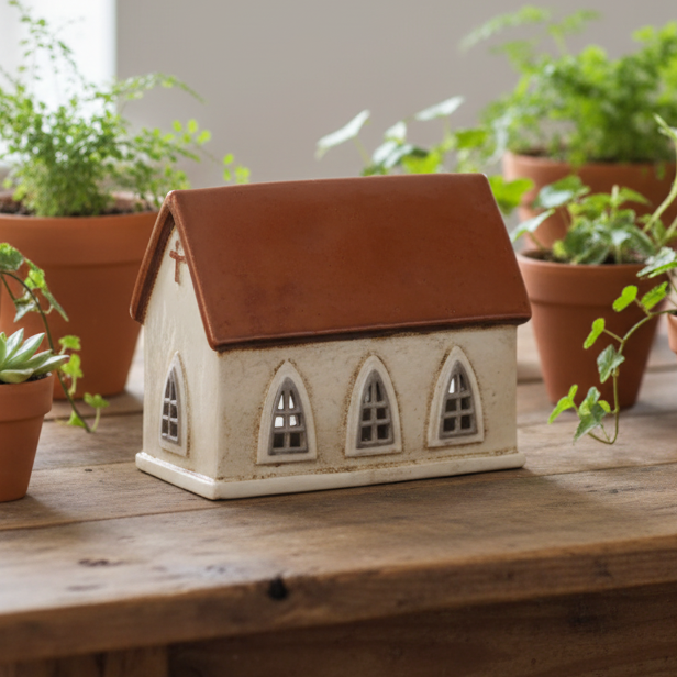 Small ceramic house with a red roof on a white background