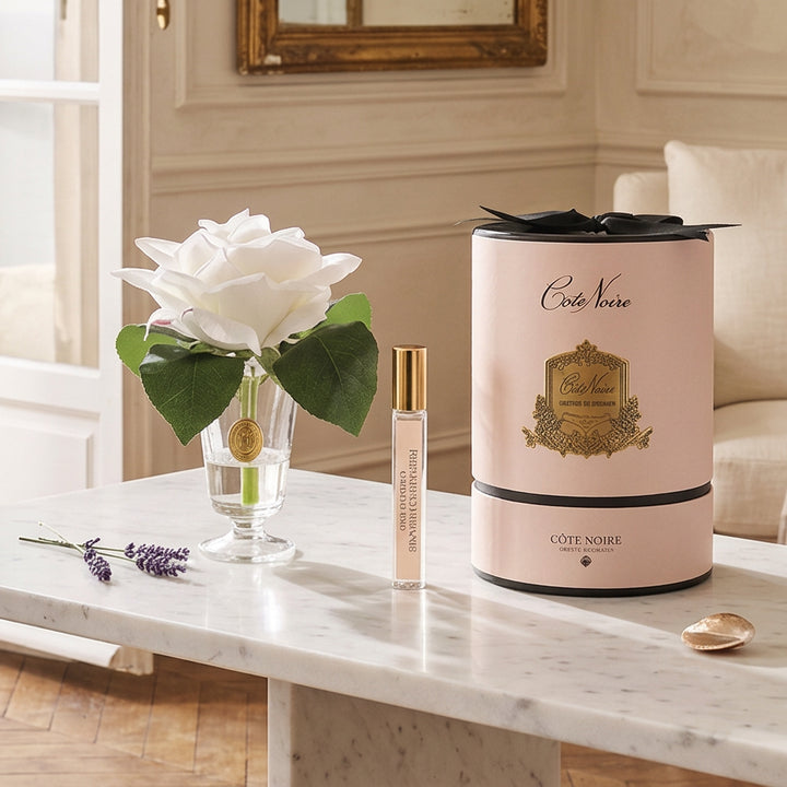 A gift set featuring a single white rose in a clear glass vase, a small perfume sample vial with a gold cap, and a tall pale pink cylindrical box with black ribbon and gold branding for Cote Noire.