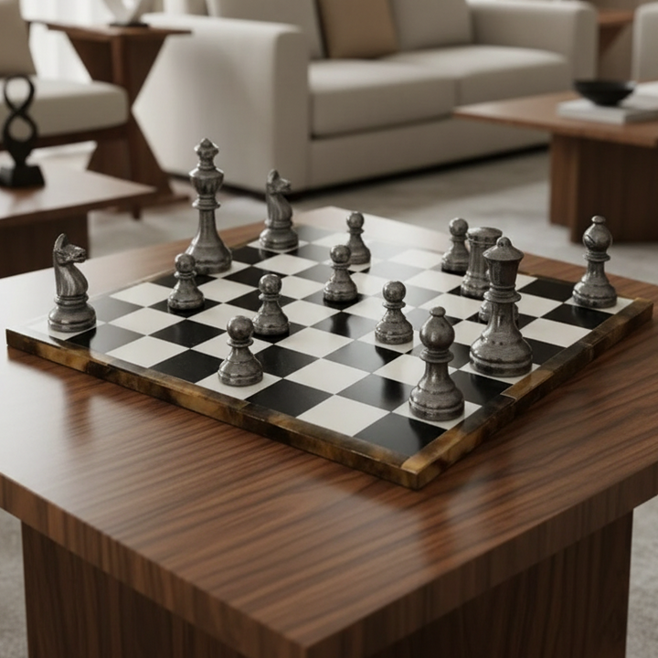 Chessboard with silver chess pieces on a white background