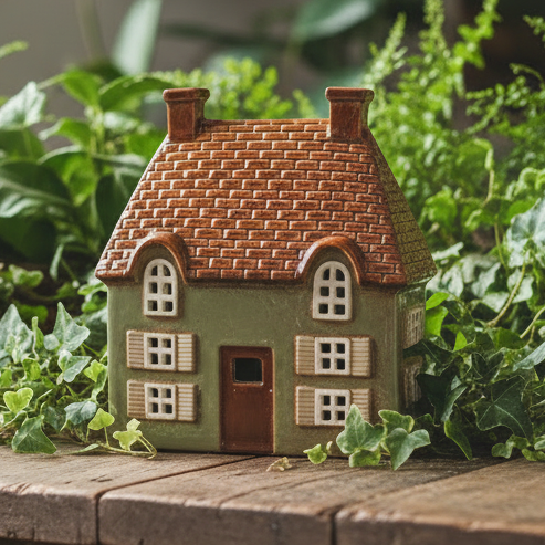 Small model of a house with a brown roof and green body on a white background