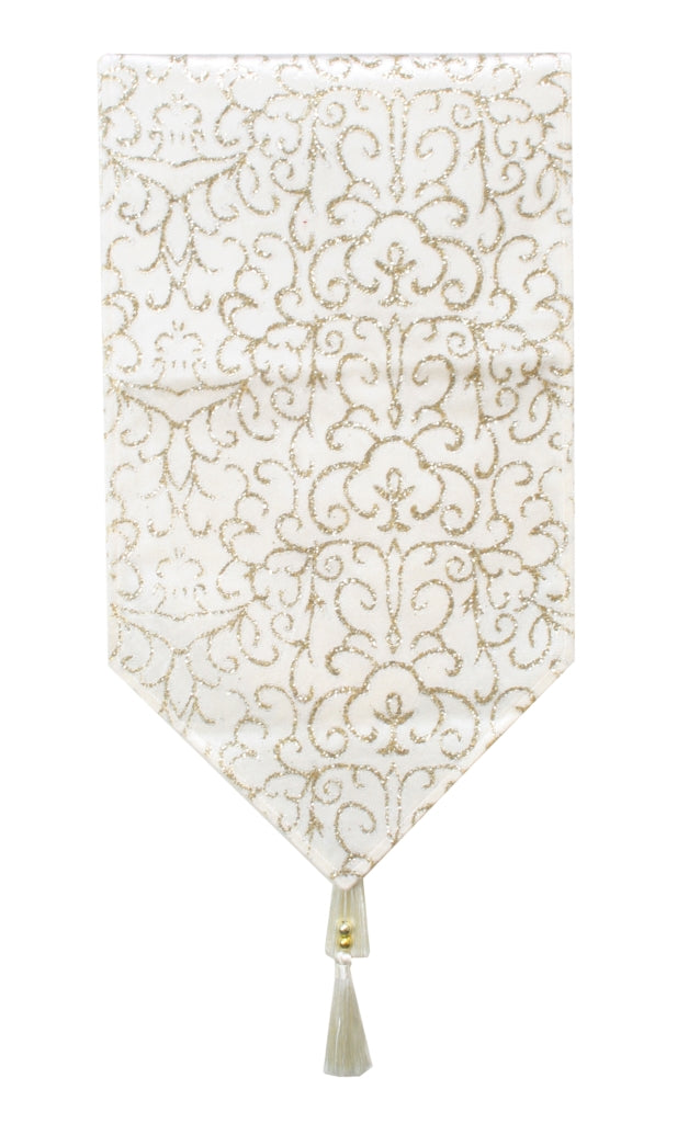 Decorative table runner with intricate gold pattern on a white background