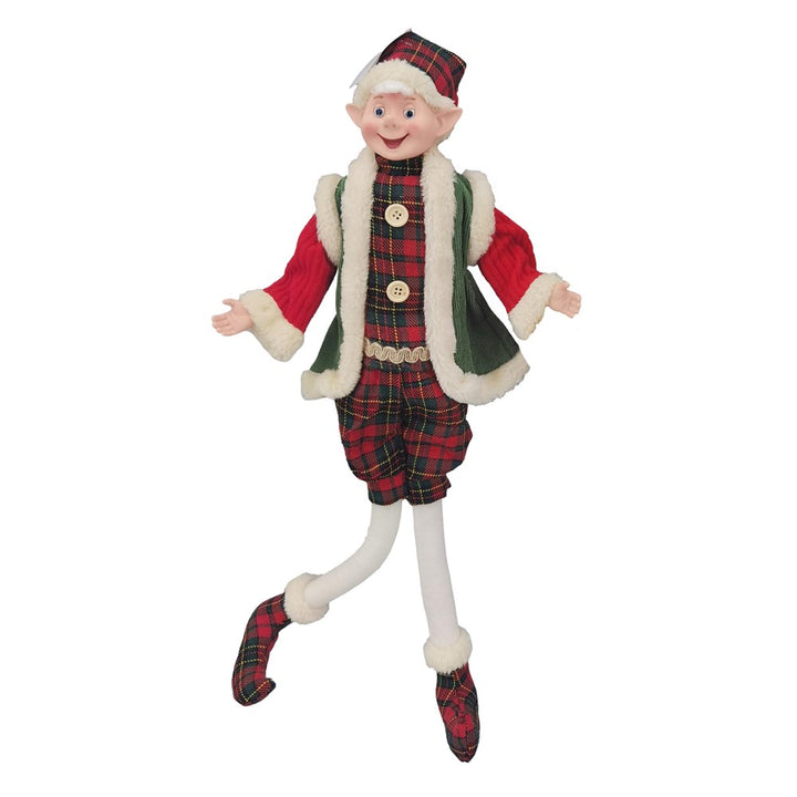 22 inch poseable Christmas elf in red and green with tartan pants